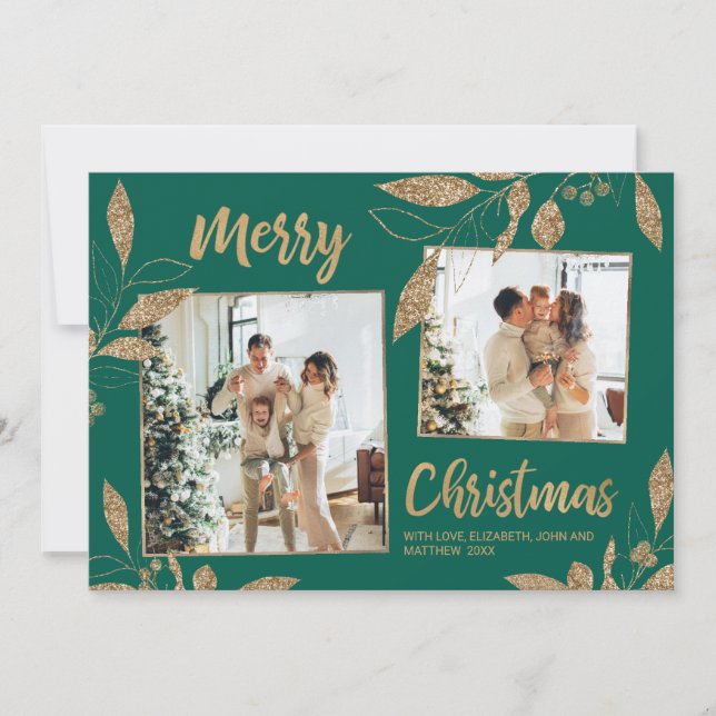 Elegante tarjeta de Navidades de oro verde 2 hojas (Anverso)