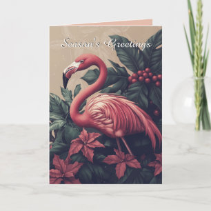 Elegante tarjeta de Navidades Flamingo y Poinsetti