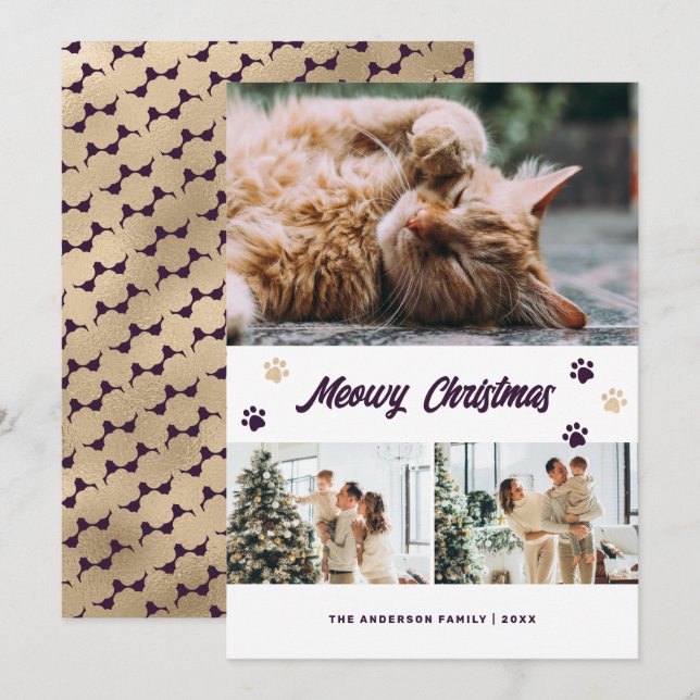 Elegante tarjeta de Navidades Meowy con foto de or (Anverso / Reverso)