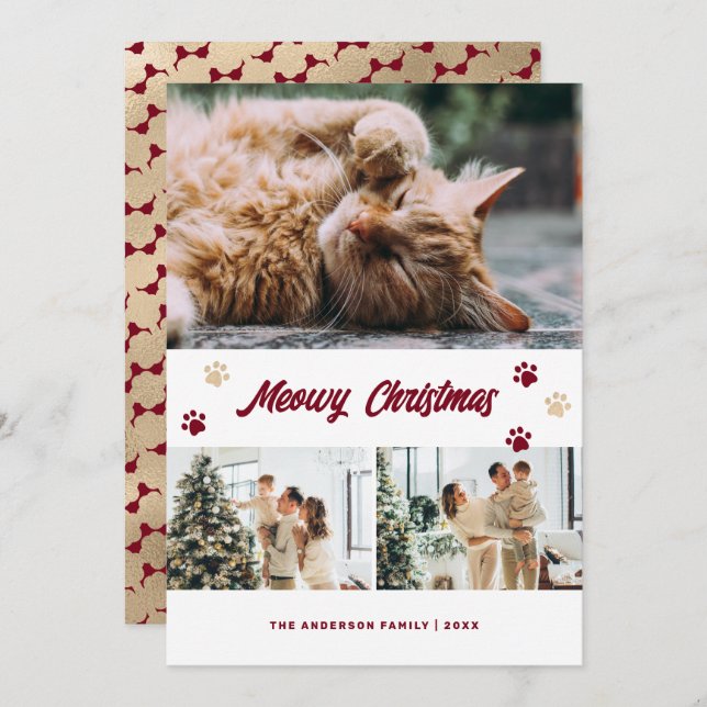 Elegante tarjeta de Navidades Meowy con foto de or (Anverso / Reverso)
