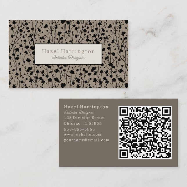 Elegante Tarjeta de Negocio Floral Moderno Beige N (Anverso / Reverso)
