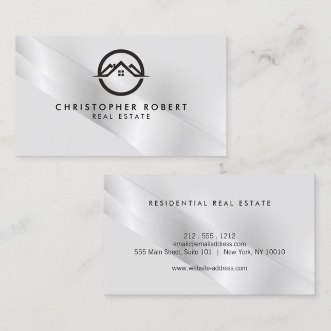 Elegante tarjeta de negocios inmobiliaria plateada (Anverso / Reverso)