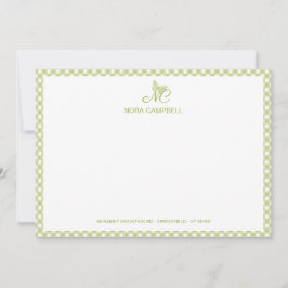 Elegante tarjeta de nota de gingham verde monogram