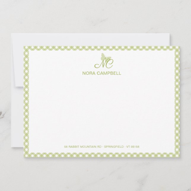 Elegante tarjeta de nota de gingham verde monogram (Anverso)