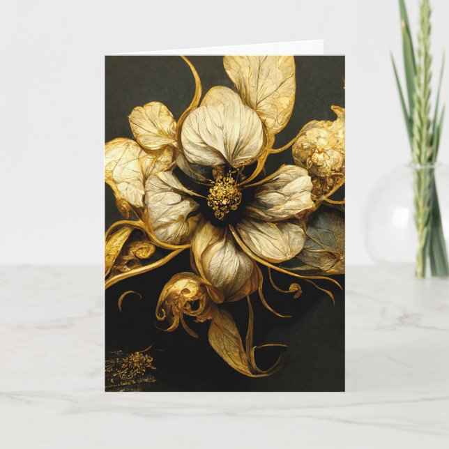 Elegante tarjeta de nota floral barroca negra y do (Anverso)