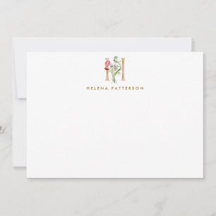 Elegante tarjeta de nota H de monograma de oro flo