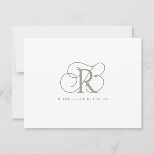 Elegante tarjeta de nota plana Sage Green Monogram (Anverso)