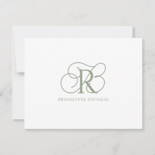Elegante tarjeta de nota plana Sage Green Monogram