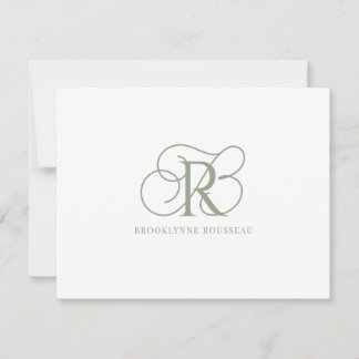 Elegante tarjeta de nota plana Sage Green Monogram