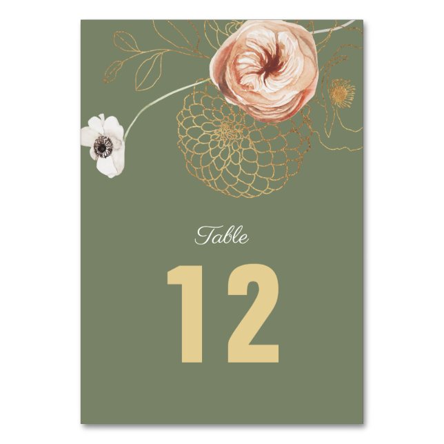 Elegante tarjeta de número de mesa floral verde y  (Anverso)