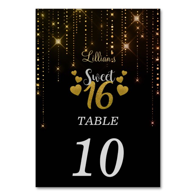 Elegante tarjeta de número de mesa Sweet 16 (Anverso)