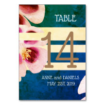 Elegante tarjeta de números de mesa floral azul