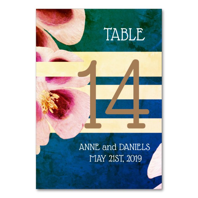 Elegante tarjeta de números de mesa floral azul (Anverso)