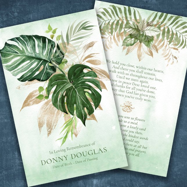 Elegante Tarjeta de Oración Funeral de Solidaridad (Tropical Palms with faux gold leaves sympathy memorial prayer cards for a funeral)