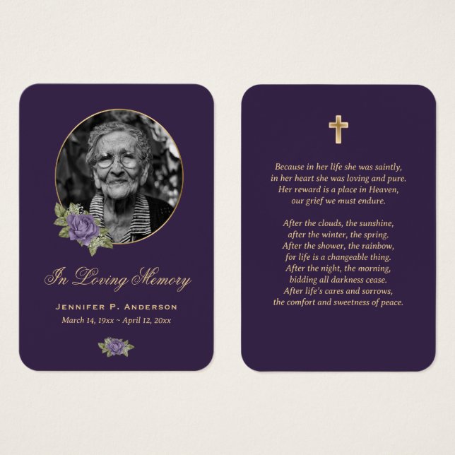 Elegante Tarjeta de Oración Funeral Oral Morado de (Anverso y reverso)