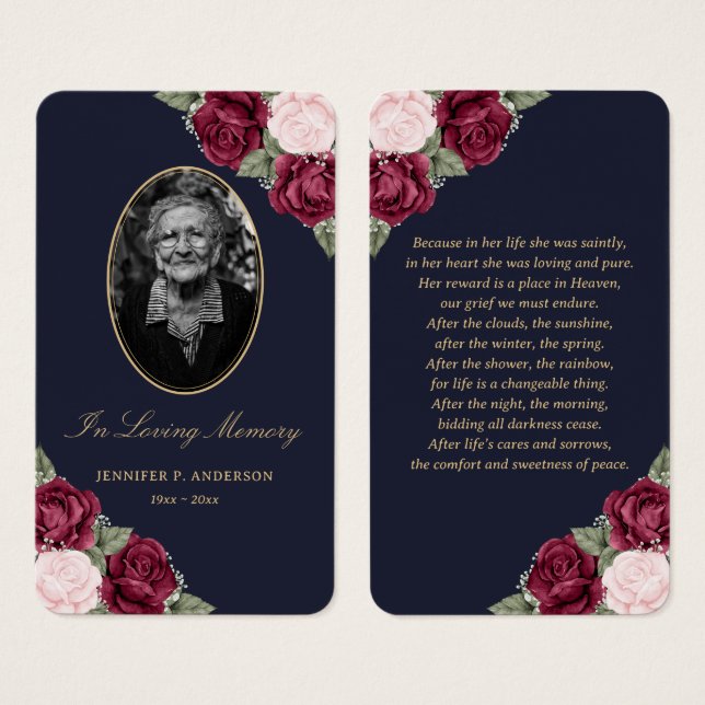 Elegante Tarjeta de plegaria funeraria azul rosa r (Anverso y reverso)