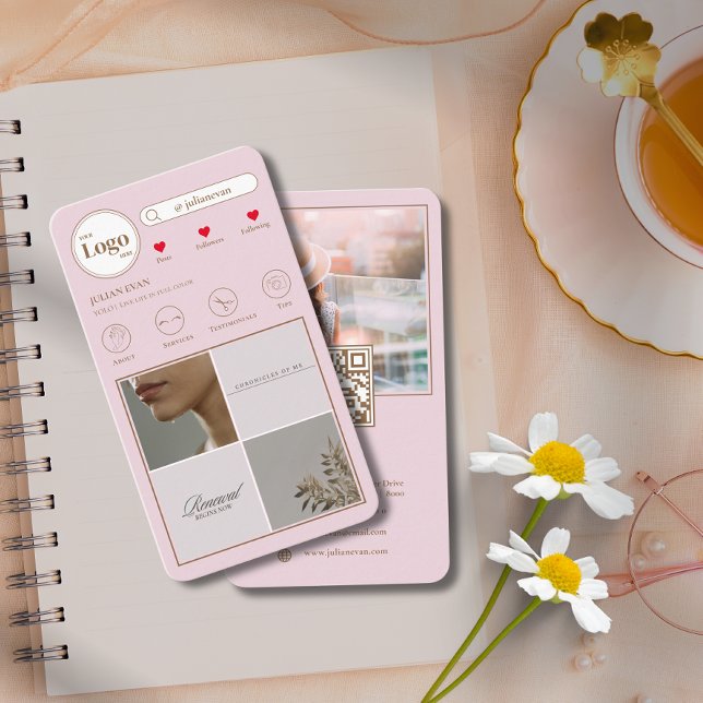 Elegante tarjeta de presentación de Instagram 4 Ph (Elegant Instagram 4 Photo Gird Pink Business Card)