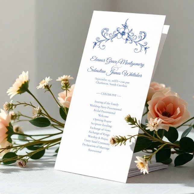 Elegante tarjeta de programa de Boda Azul Romance  (Subido por el creador)