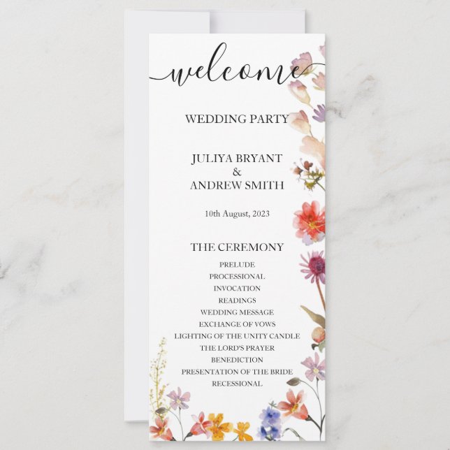 Elegante tarjeta de programa de boda de flores sil (Anverso)