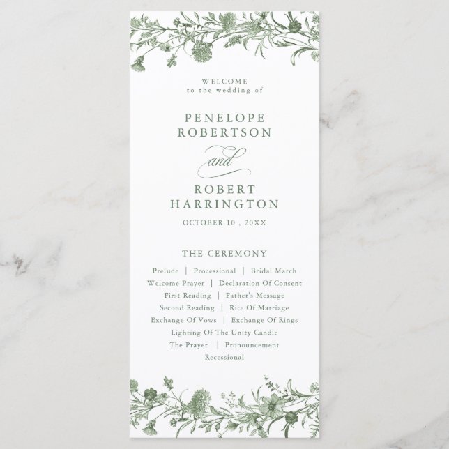 Elegante Tarjeta de Programa de Boda Floral Verde  (Anverso)