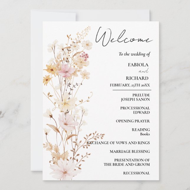 Elegante tarjeta de programa de matrimonio con flo (Anverso)