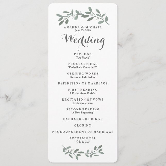 Elegante tarjeta de programa Eucalyptus Boda Suite (Anverso)