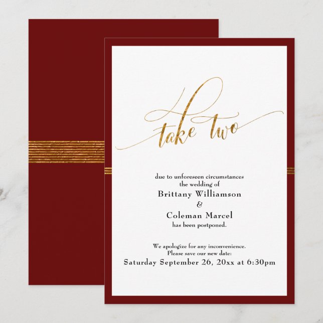 Elegante tarjeta de raya roja y dorada Boda pospon (Anverso / Reverso)