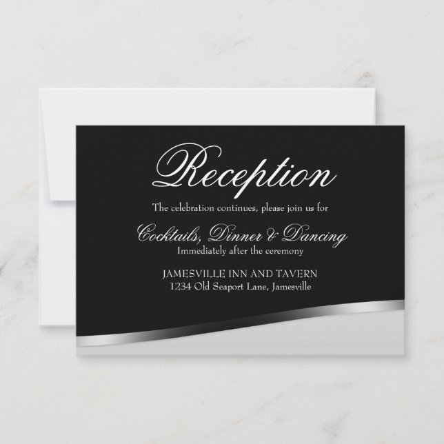 Elegante tarjeta de recepción de boda blanca y neg (Anverso)