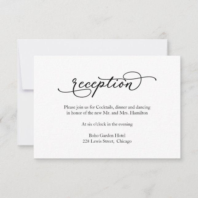 Elegante tarjeta de recepción de boda caligráfica (Anverso)