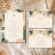 Elegante Tarjeta de Recepción de Boda con Hojas de