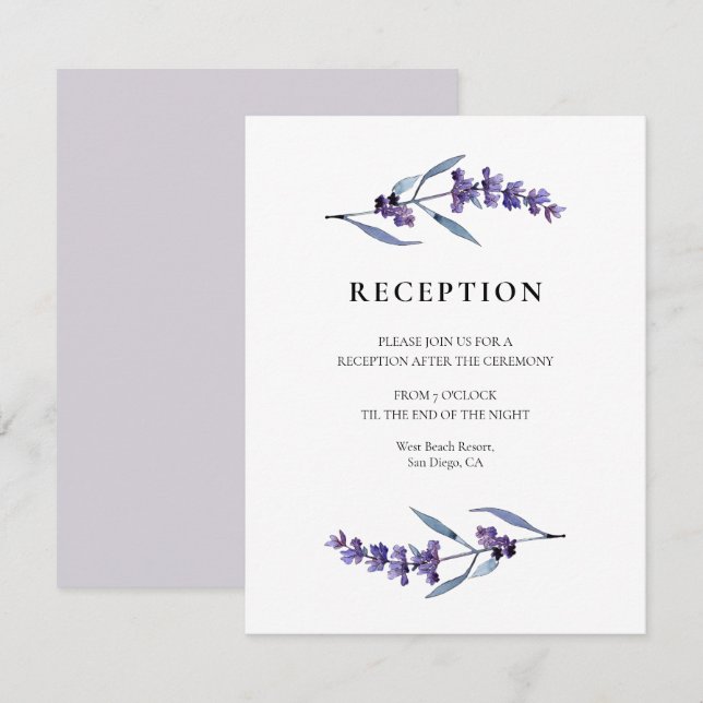 Elegante tarjeta de recepción de boda de lavanda f (Anverso / Reverso)