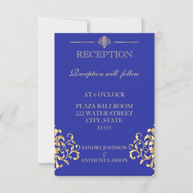Elegante tarjeta de recepción de Boda Dorada y Azu (Anverso)