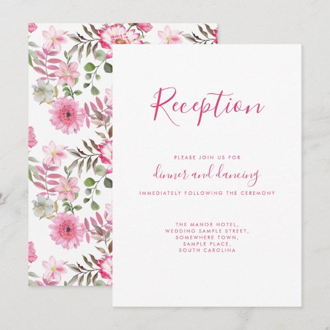 Elegante tarjeta de recepción de boda floral rosa (Anverso / Reverso)
