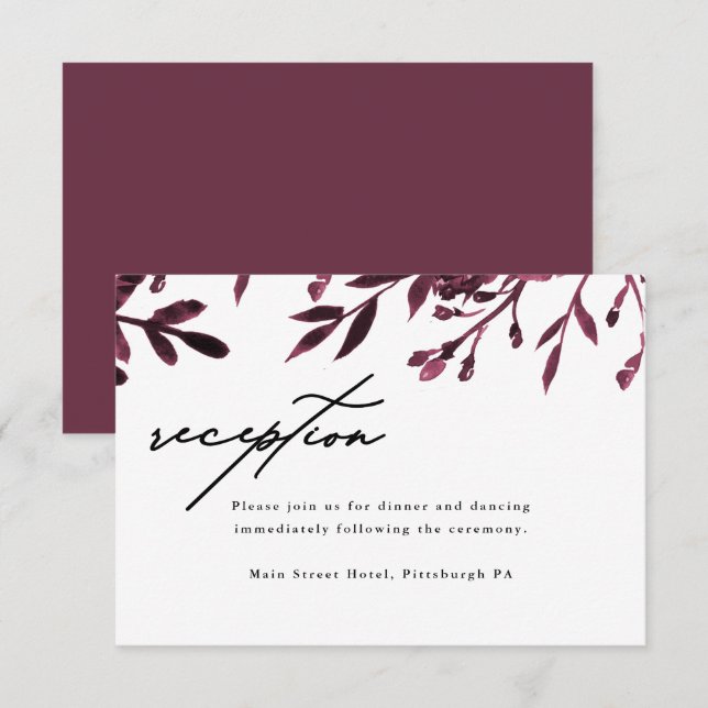 Elegante tarjeta de recepción de bodas botánicas (Anverso / Reverso)