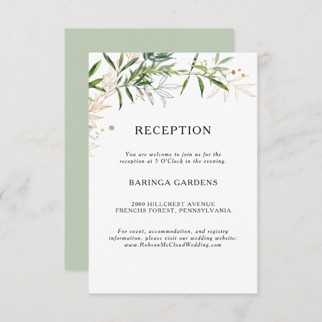 Elegante tarjeta de recepción de bodas de Olive Gr (Anverso / Reverso)