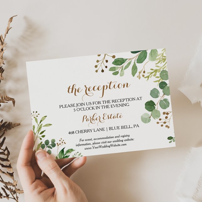 Elegante tarjeta de recepción de bodas Eucalyptus (Subido por el creador)
