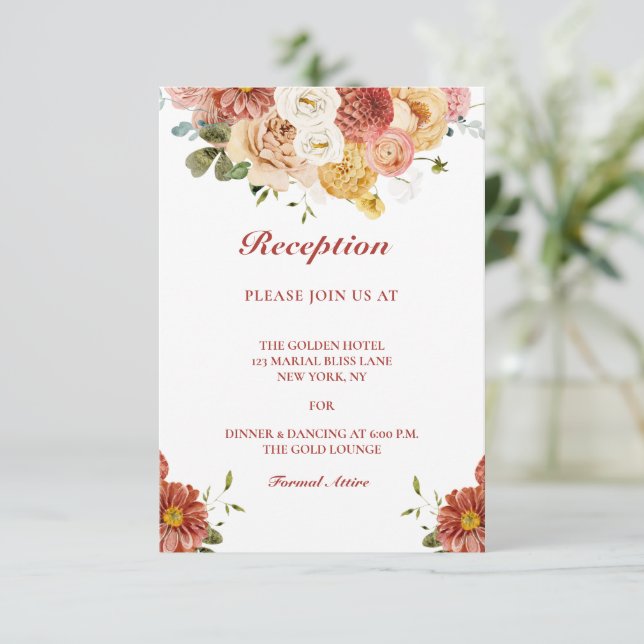 Elegante tarjeta de recepción de bodas florales de (Anverso de pie)