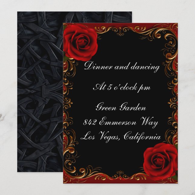 Elegante tarjeta de recepción de rosas rojas Gótic (Anverso / Reverso)