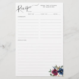 Elegante Tarjeta de Receta Azul Borgoña Roja de Ma