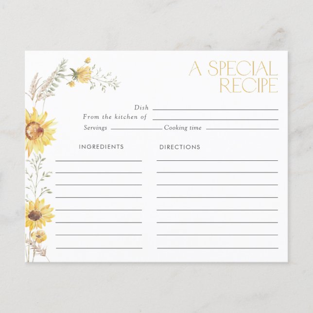 Elegante Tarjeta de Receta Boho Sunflower Bridal S (Anverso)