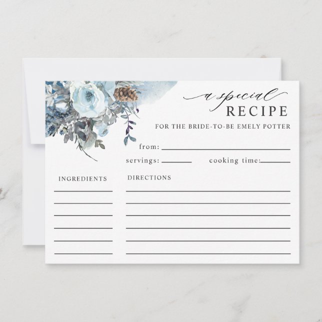 Elegante Tarjeta de Receta de Ducha Azul Floral Br (Anverso)