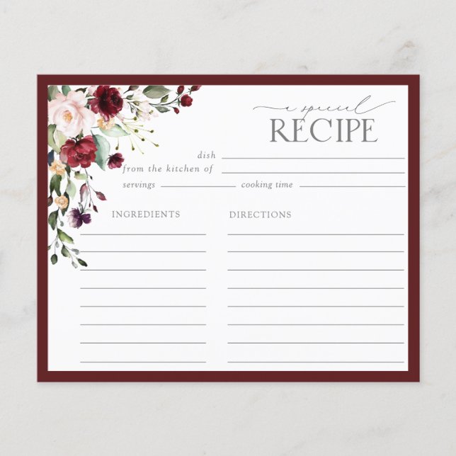 Elegante Tarjeta de Receta de Ducha Bridal Floral  (Anverso)