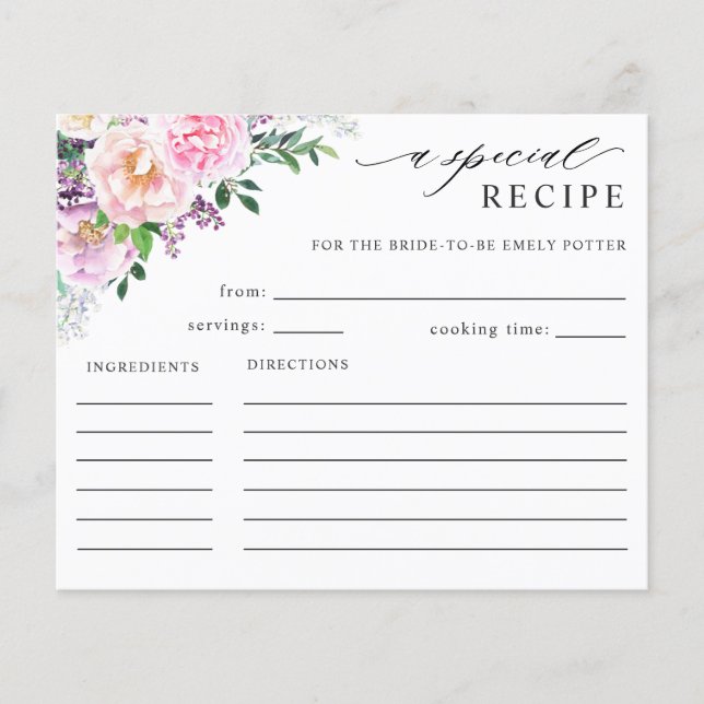 Elegante Tarjeta de Receta de Ducha Bridal Púrpura (Anverso)