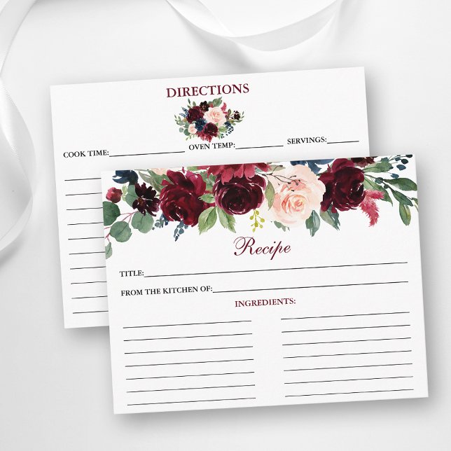 Elegante Tarjeta de Receta de Ducha Floral Azul Bo (Customize to change text color, size or text style.)