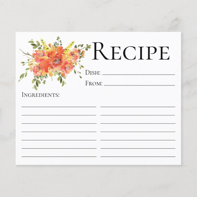 Elegante Tarjeta de Receta de Ducha Floral de Terr (Anverso)