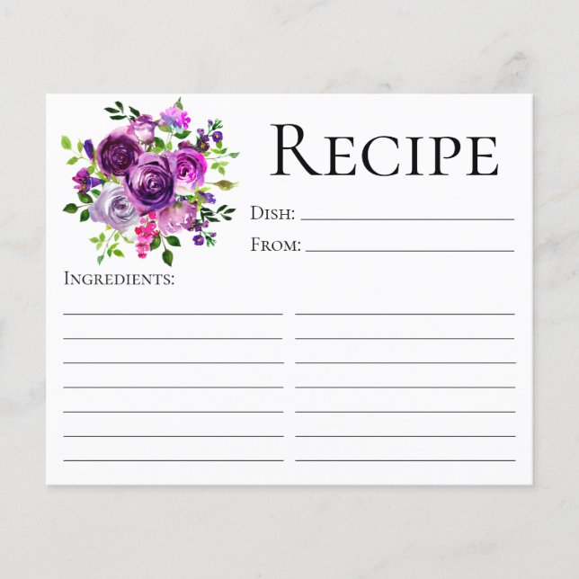 Elegante Tarjeta de Receta de Ducha Morada Floral  (Anverso)