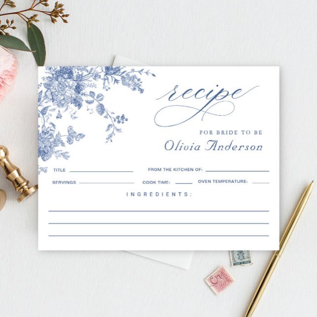 Elegante tarjeta de receta de flores azules de duc (Subido por el creador)