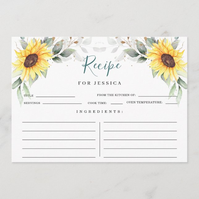 Elegante tarjeta de receta floral de girasoles ver (Anverso)