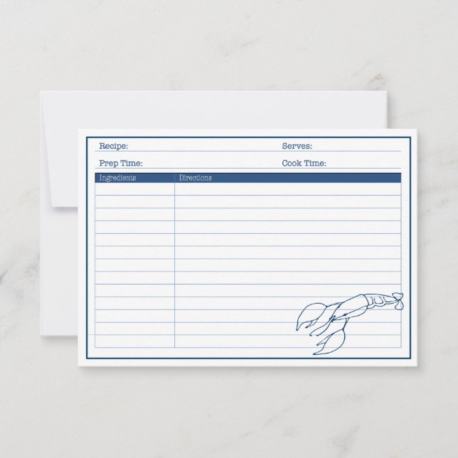 Elegante Tarjeta de Receta Náutica Azul Lobster de (Anverso)