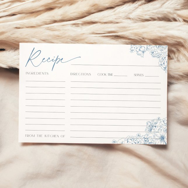Elegante tarjeta de receta nupcial de tela azul de (Recipe card with blue floral toile de jouy pattern for an french elegant bridal shower)